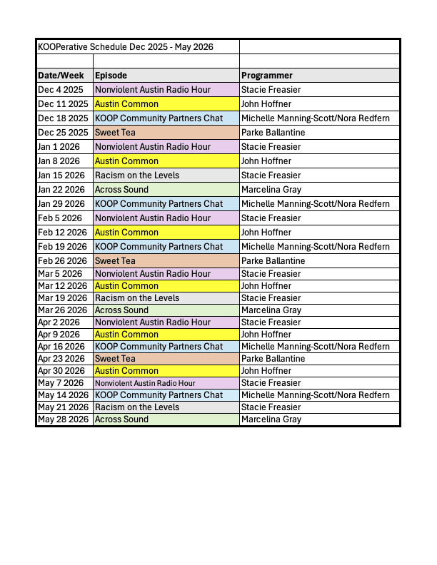 KOOPerative Hour over all schedule Dec 2025 May 2026 2 The Austin KOOPerative Hour