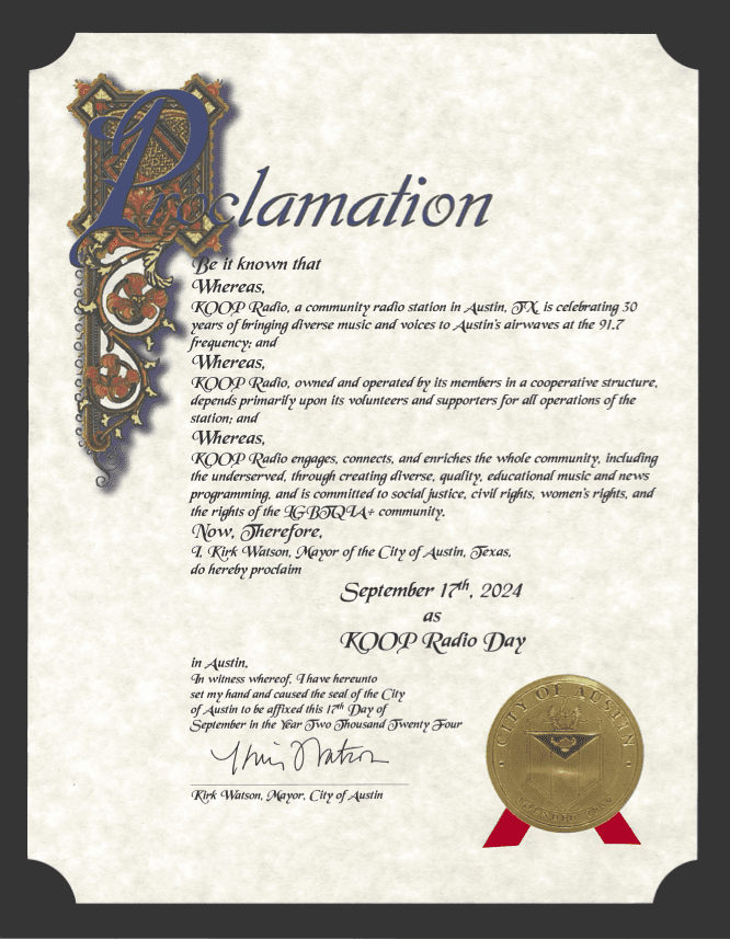 Proclamation KOOP Radio Day Final Version September 17 is KOOP Radio Day in Austin!